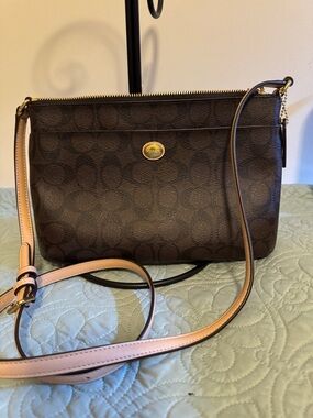 Coach Brown Signature Crossbody with Beige Strap and Gold Accent